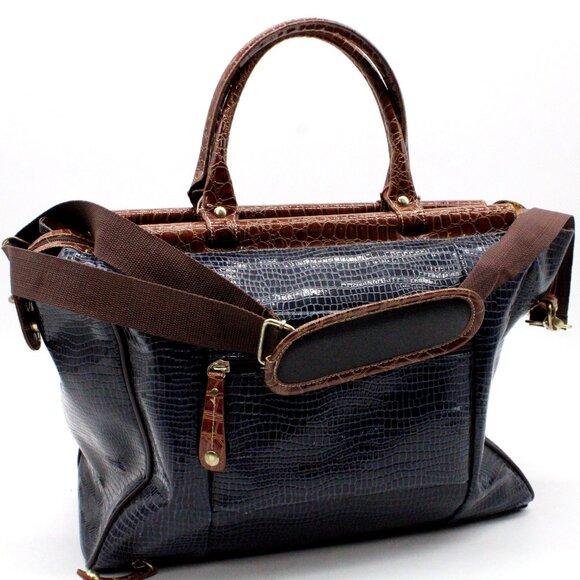Samantha Brown Dowel Travel Bag Croc Embossed BLUE Brown Weekender Carry On VTG - Picture 5 of 15